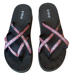 Teva Mandalyn Wedge Thong Sandals Floral‎ Red Black Womens 11